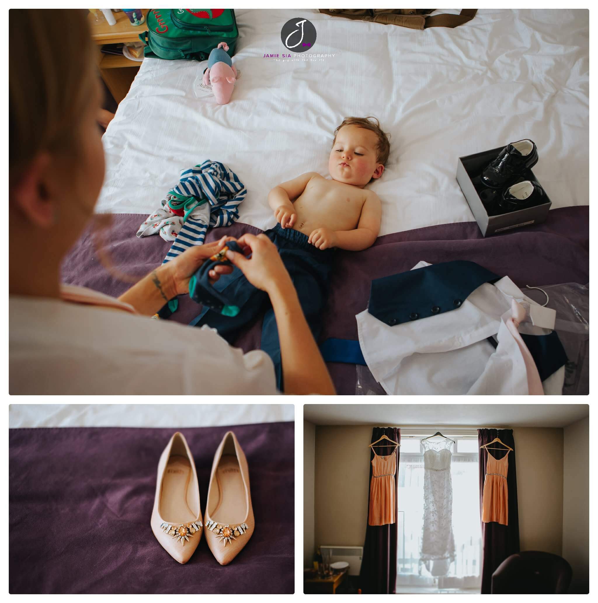 Bridal preparation for Yorkshire wedding, with cute little boy, bridal shoes, bridal dress