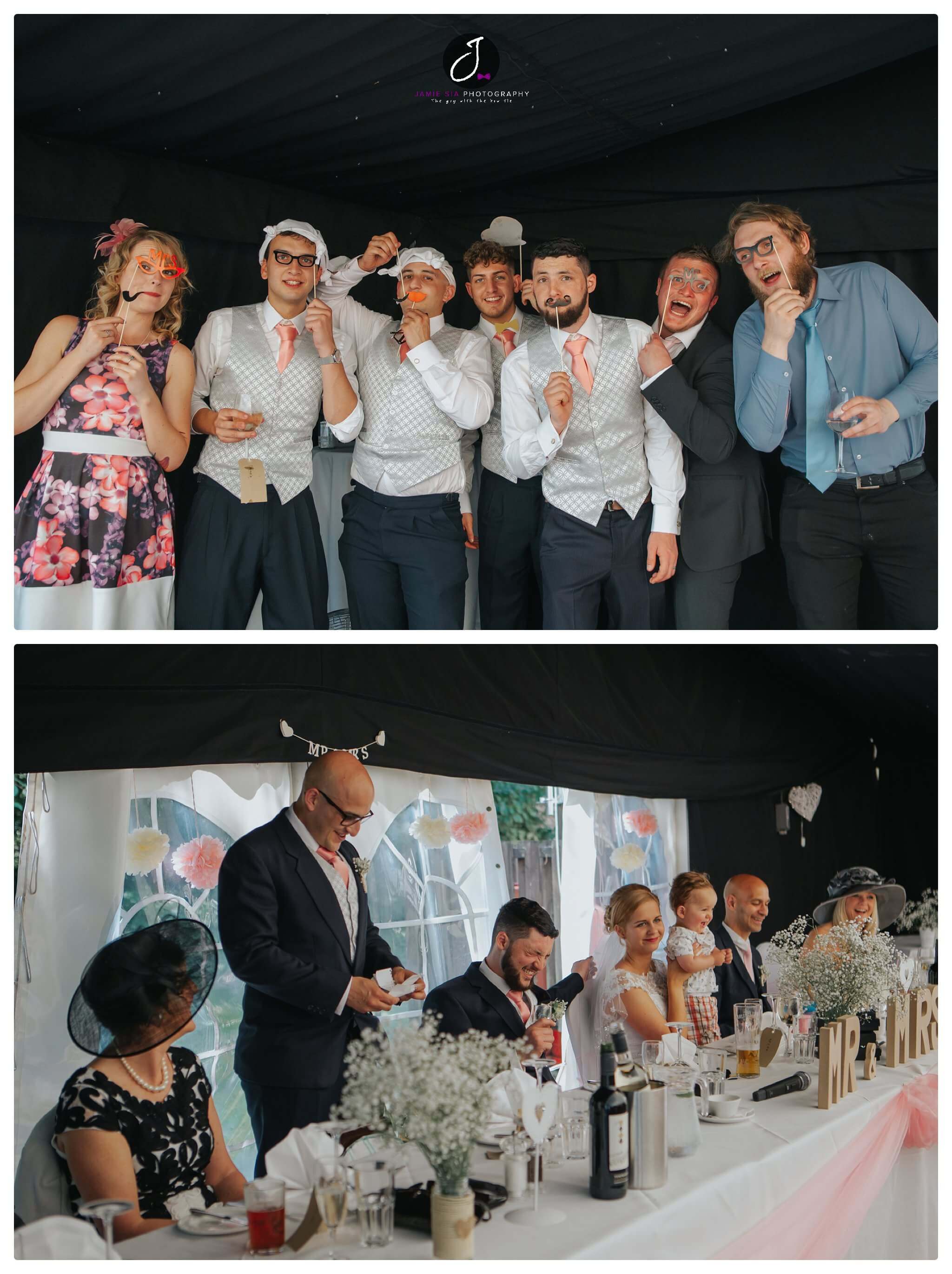 Fun pop up masks group wedding photo Yorkshire 